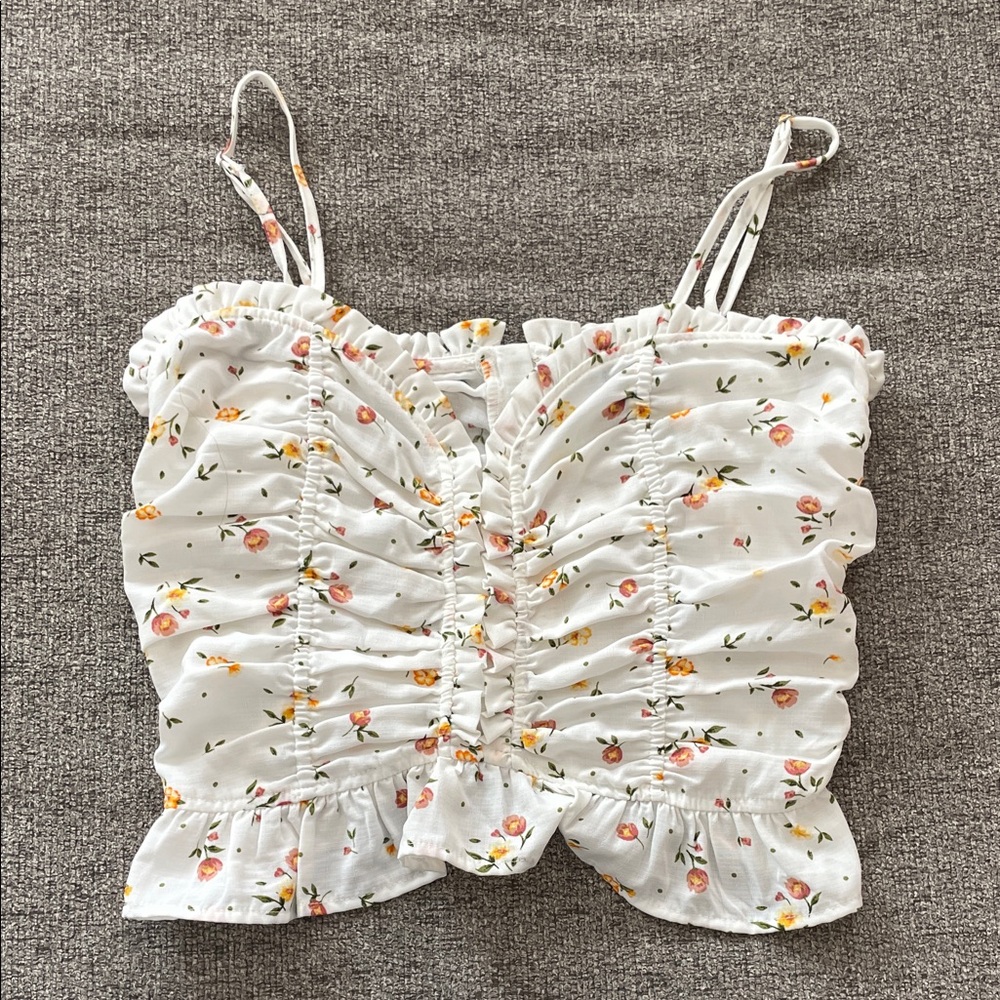 Aqua White Floral Ruched Camisole